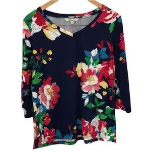 THE PIONEER WOMAN navy blue red floral print V-neck blouse size Small